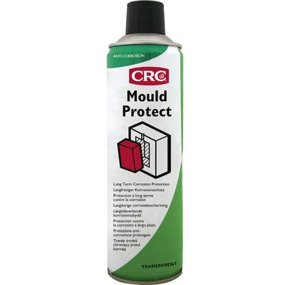 'CRC Mould Protect' spray can with anti-corrosion treatment. Provides long-term corrosion protection, transparent, green-white label.