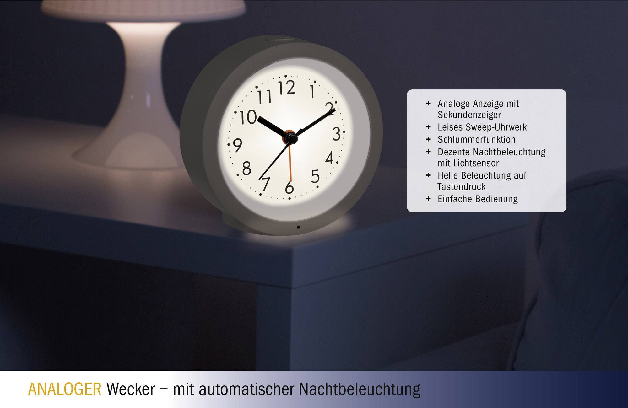 Analogue alarm clock on bedside table, showing 10:10. Features: second hand, quiet sweep movement, snooze function, night light.