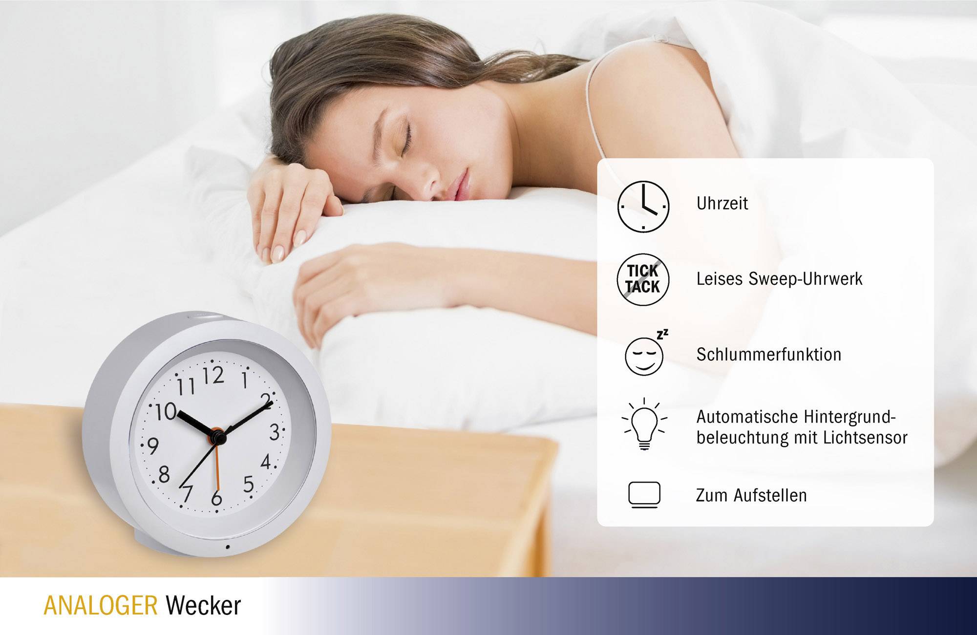 Young woman sleeping on a pillow; next to her an analogue alarm clock with features: quiet sweep movement, snooze function, light sensor.