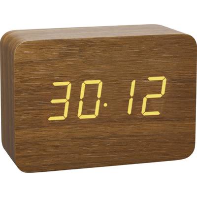 An electronic clock with a wooden casing displays '30:12' in yellow illuminated digits.