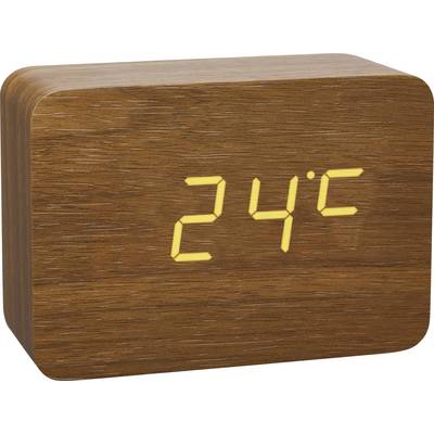 Digital wooden clock with yellow display shows '24°C'.
