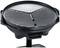 A round, black barbecue with a ribbed grill grate on a black stand. Perfect for outdoor grilling activities.