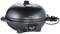 A round, black electric barbecue with a lid and thermometer, suitable for indoor and outdoor use.