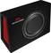Black subwoofer in a rectangular box with a red 'Renegade' logo on the top, with a red fabric detail on the side.
