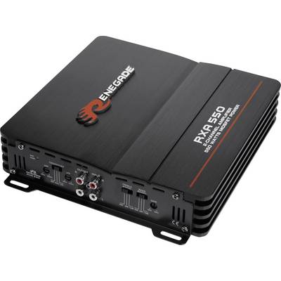 Black audio amplifier with the inscription 'Renegade RXA 550, 550 Watts RMS'. Shows multiple connection options on the front panel.