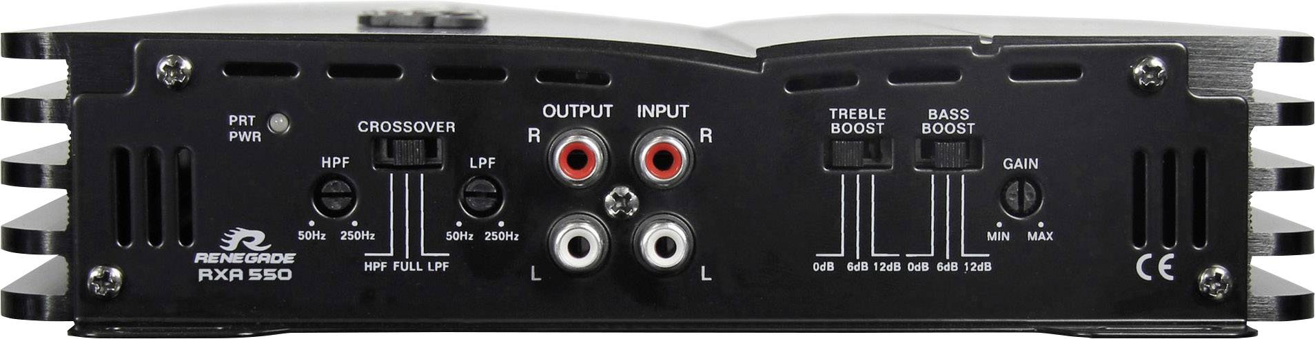 'Renegade RXA 550' amplifier rear panel with inputs and outputs, crossover options, and controls for treble and bass boost.