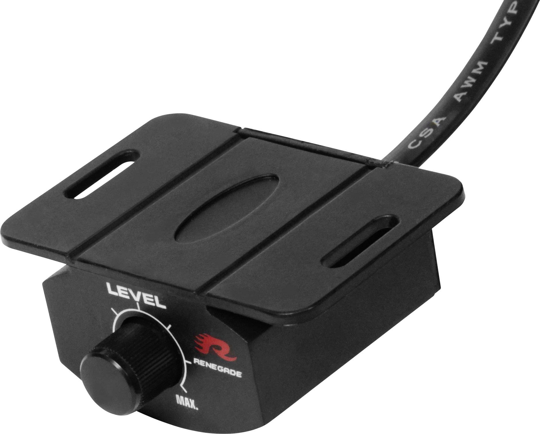 Black volume control with cable, labelled 'LEVEL' and logo in red. Control dial ranges from MIN to MAX.