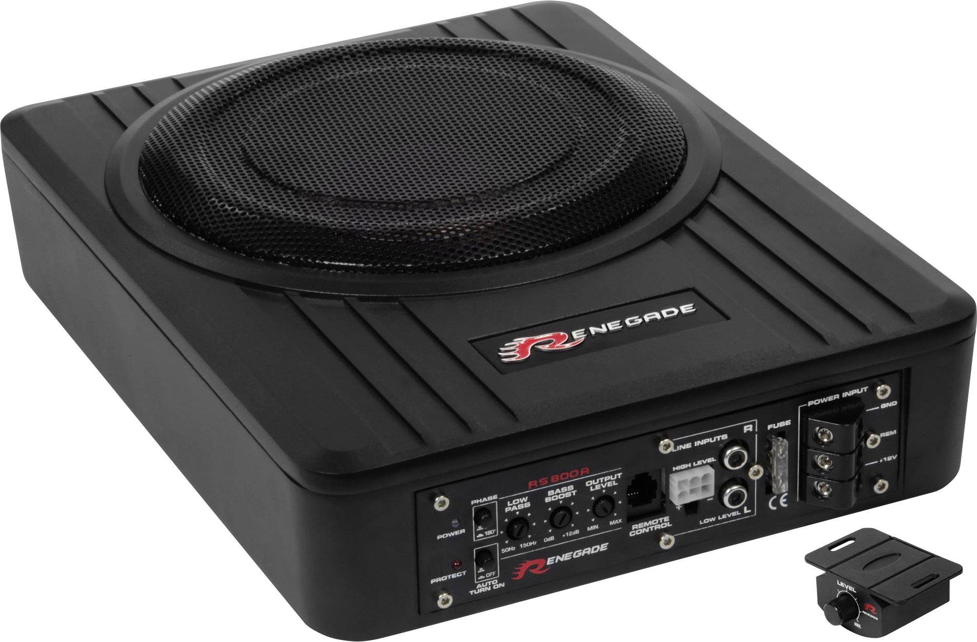 Compact car subwoofer in a black enclosure with multiple connections and controls for bass adjustment.