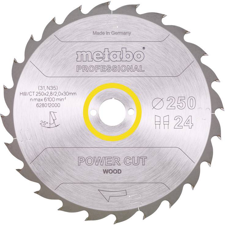 Close-up of a Metabo Professional Power Cut wood saw blade, marked '250' and '24', with a yellow-highlighted center hole on a white background.