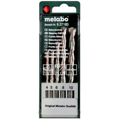 Metabo drill bit set package with five masonry drill bits, labeled sizes 4, 5, 6, 8, and 10 mm, in blister packaging.