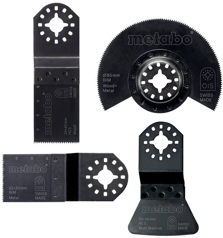 Four different metal saw blades from Metabo, each uniquely shaped and labelled for wood, metal, and multi-material use.