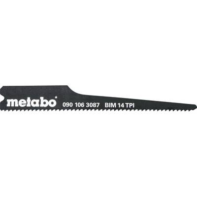 Black Metabo reciprocating saw blade label with 'metabo', 090 106 3087, BIM 14 TPI and a serrated blade edge illustration.