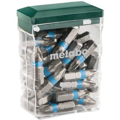 Clear plastic Metabo box filled with assorted screwdriver bits, with a green lid and white 'metabo' logo on the front.