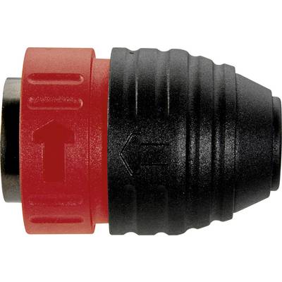 Close-up of a red-and-black hose connector adapter with directional arrow markings on a white background.
