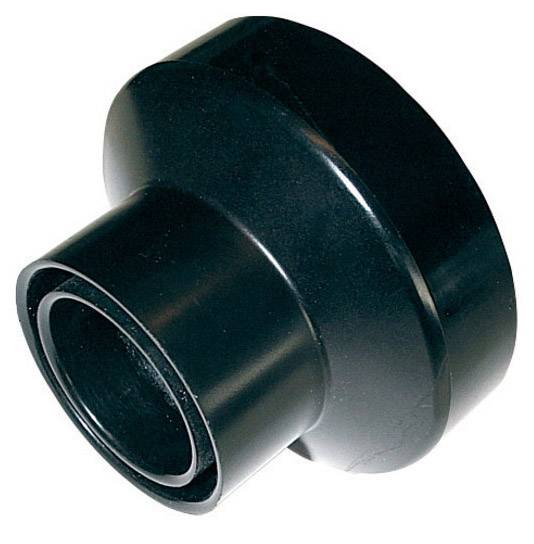 A black plastic adapter used for connecting pipe systems.