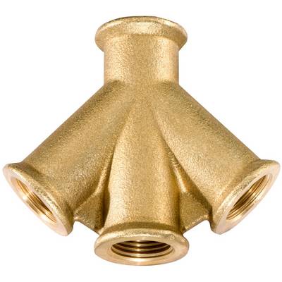 Gold-colored brass plumbing fitting with three threaded side ports and one top opening, likely a pipe manifold or adapter.