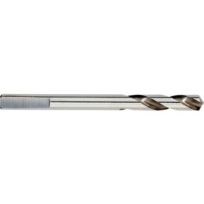 Close-up of a metal drill bit with helical flutes, shown horizontally on a white background.