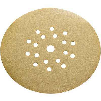 Gold circular perforated disc with a central hole and multiple smaller holes arranged around it.