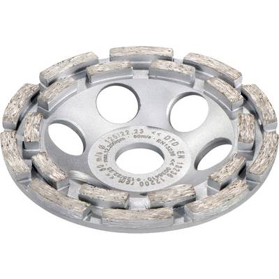 Metal diamond cup grinding wheel with segmented abrasive rim and center mounting holes on a white background.
