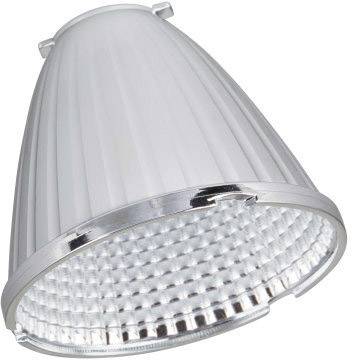 A silver, conical lamp with a ribbed surface and numerous small LED light points along its underside.