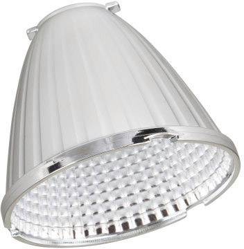 A modern LED lamp in a conical design with a ribbed, silver edge; suitable for ceiling lights.