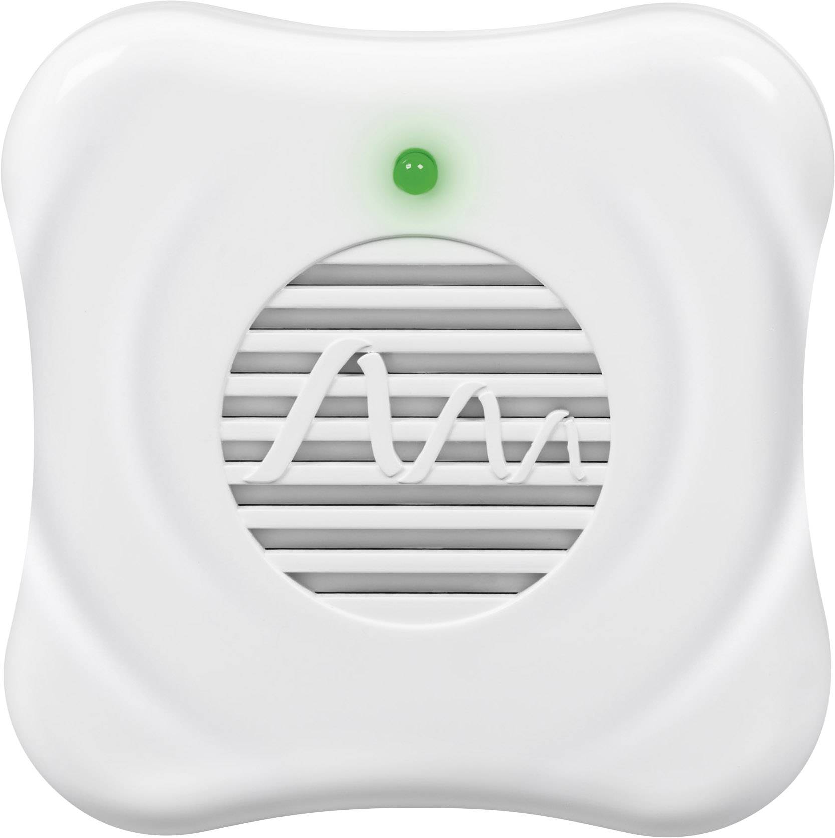 A white smoke detector with a green light in the centre indicates that the device is ready for operation.