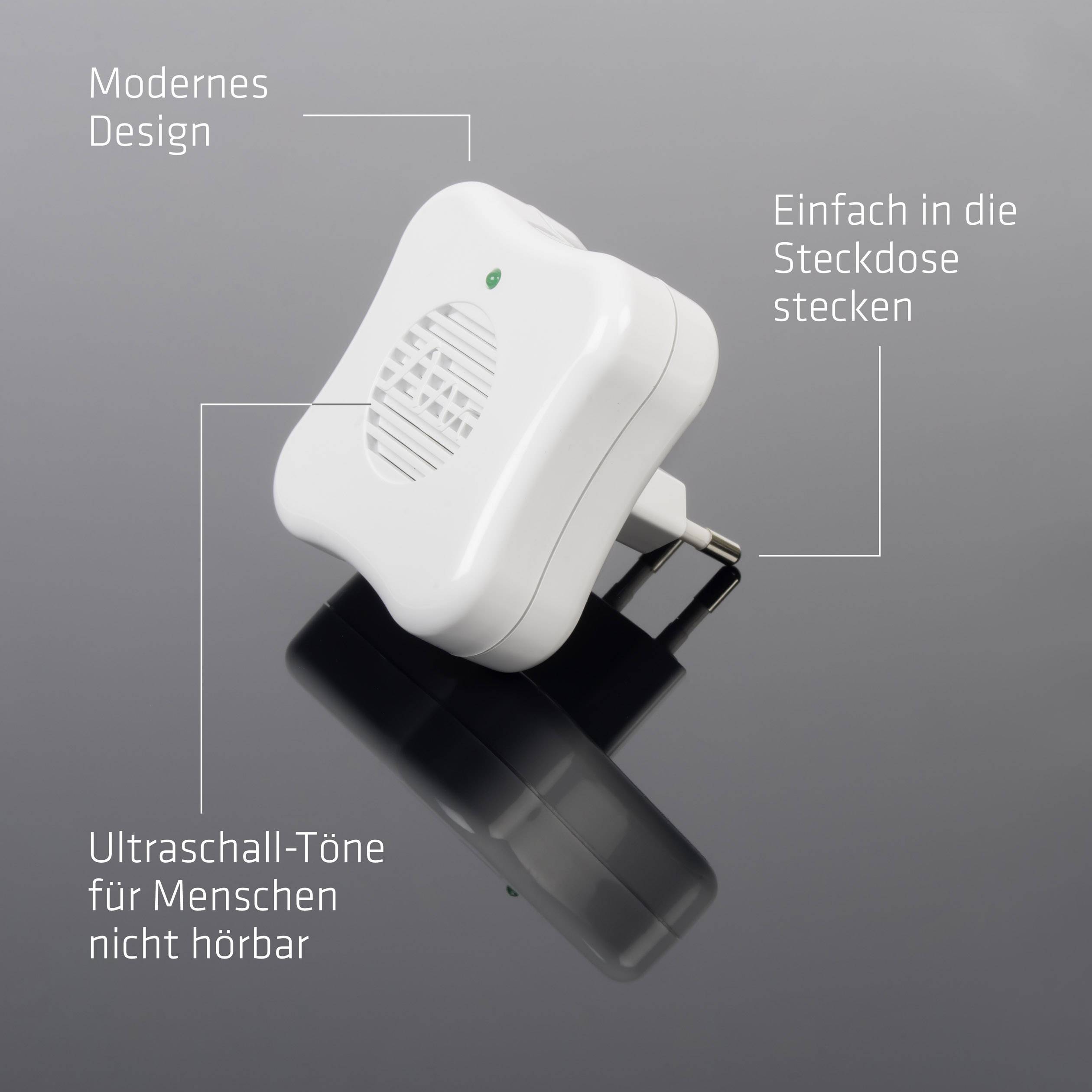 A white ultrasound plug with green light, 'Modern Design' and 'Simply plug into the socket', sounds inaudible to humans.