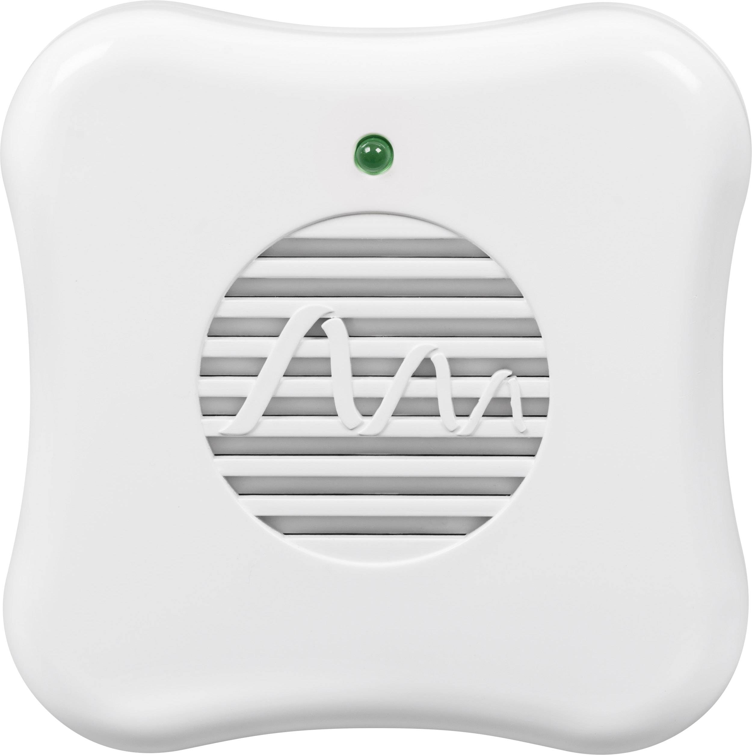 A white, square smoke detector with rounded corners. Ventilation slots are located in the centre, with a green LED indicator at the top.