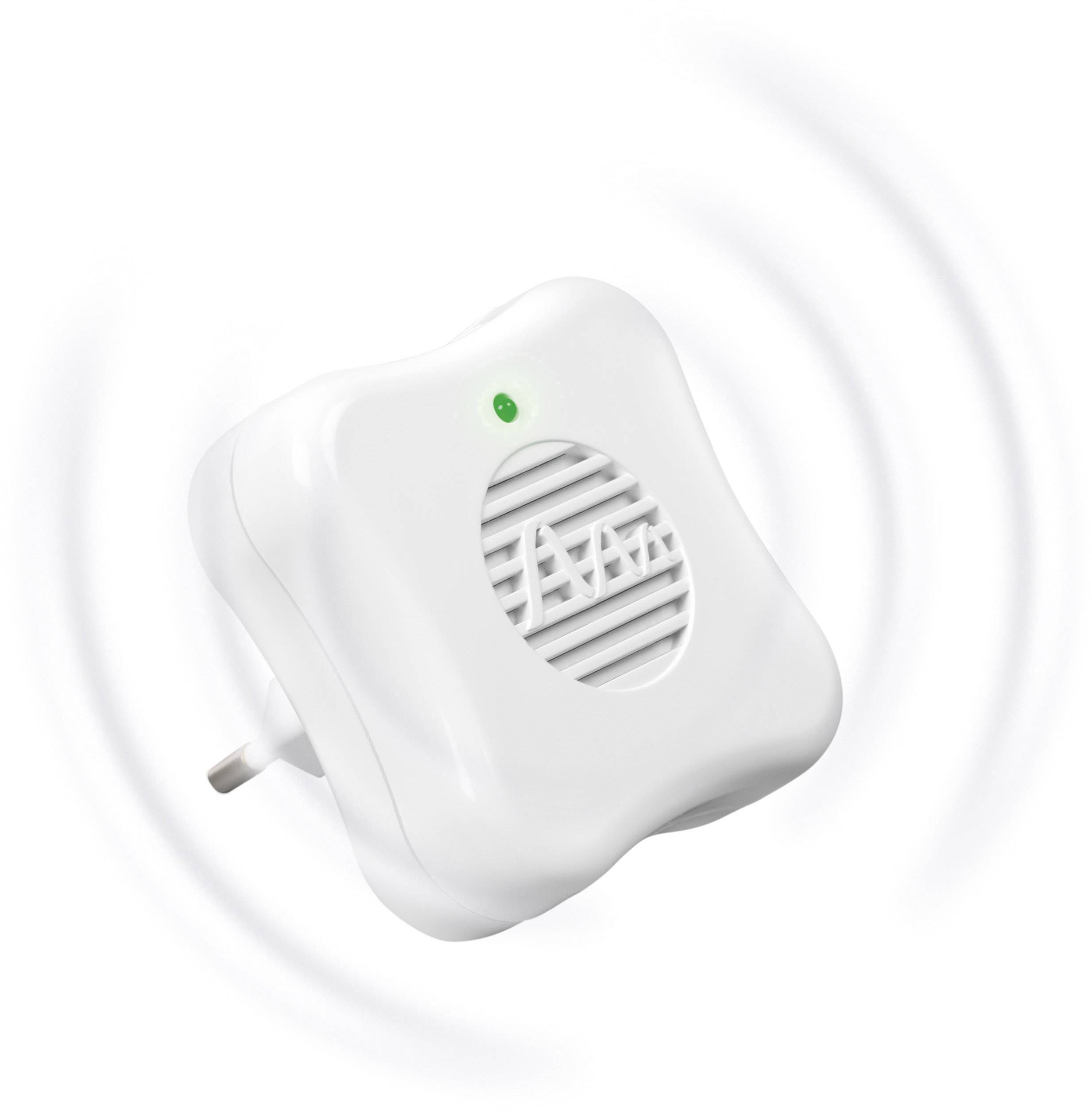 A white ultrasonic pest repeller with a green LED display. The device emits sound waves to deter pests.