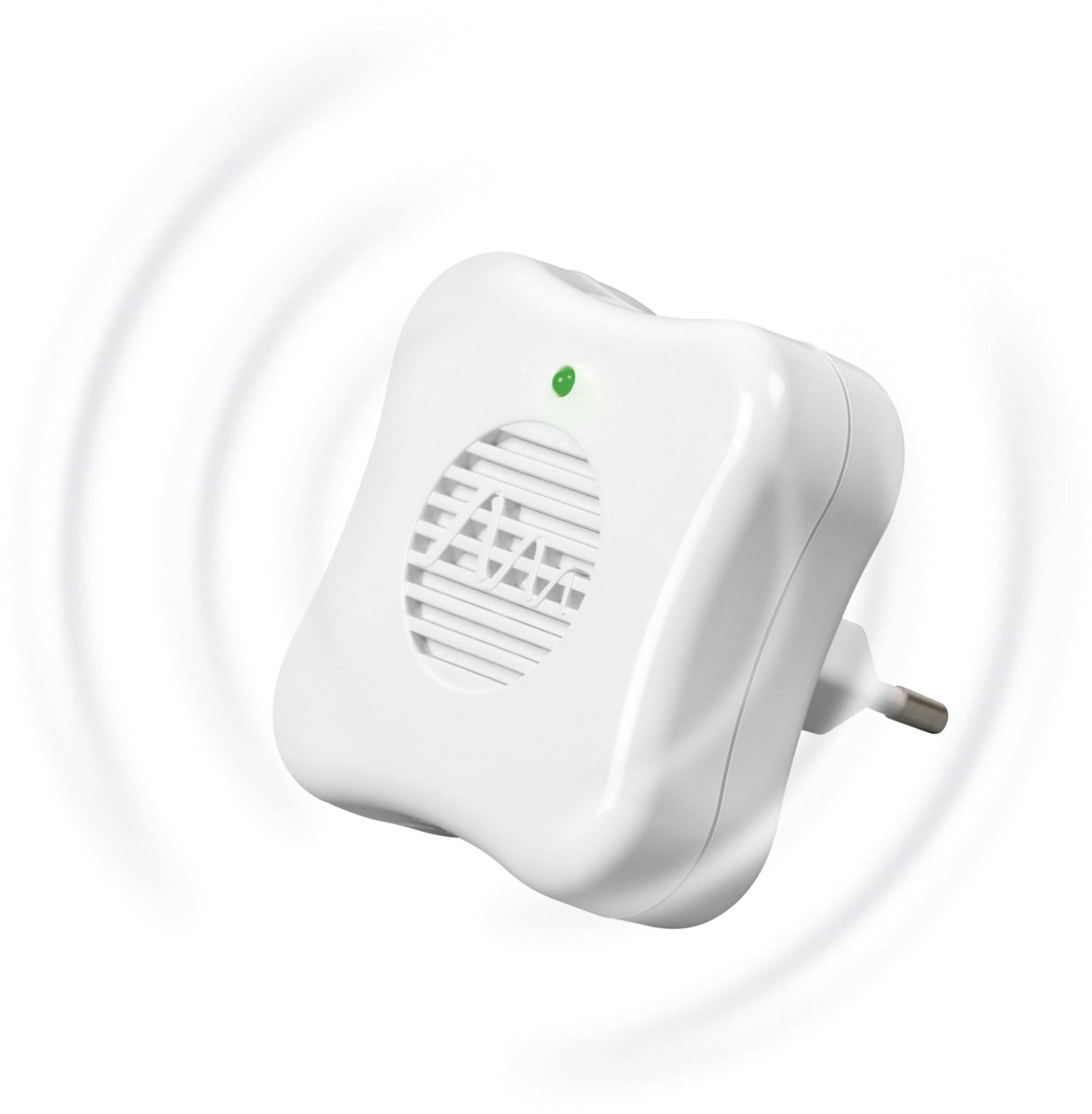 A white, square socket device with green light. It emits wavy lines representing sound waves.