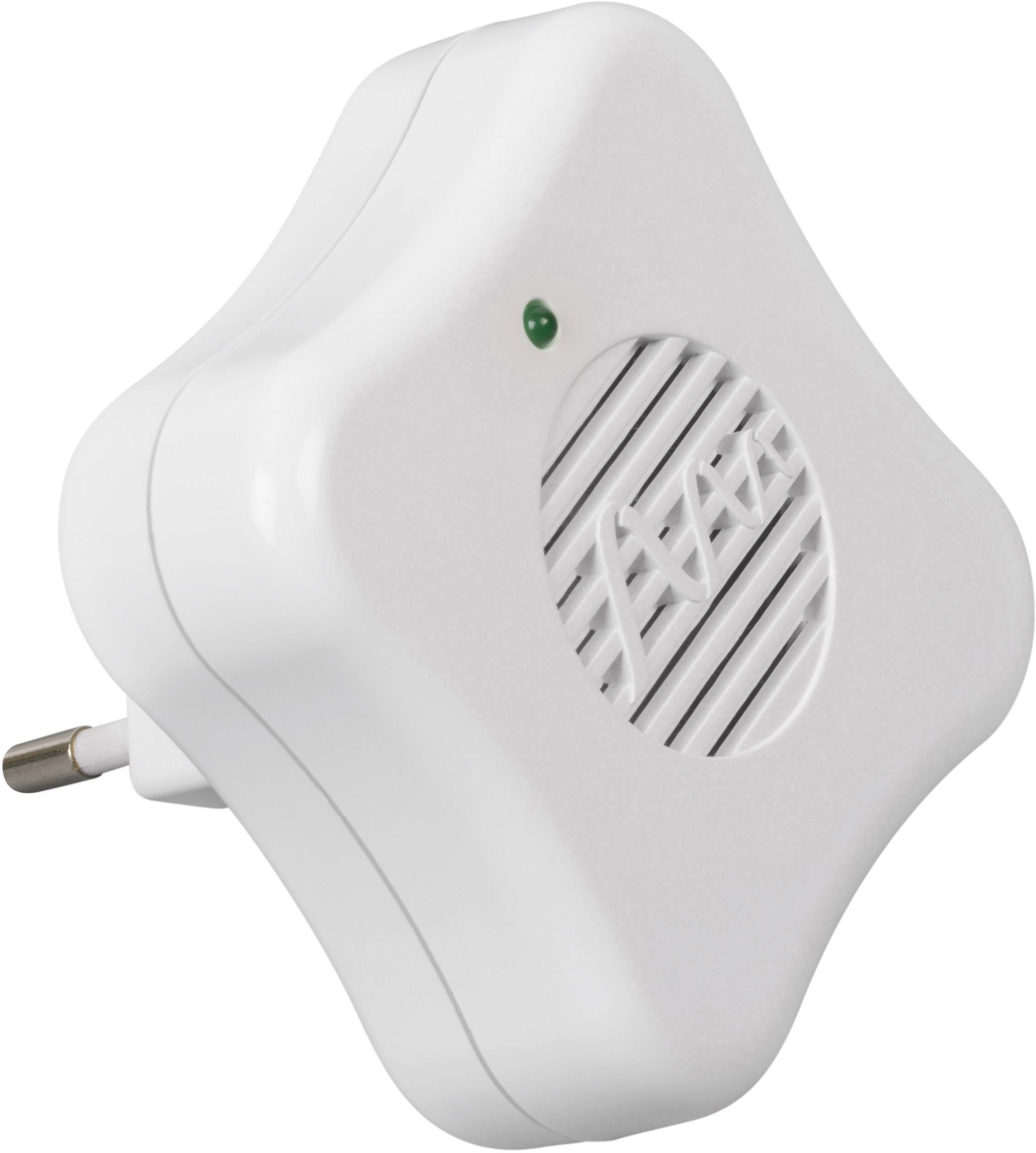 A white, star-shaped electronic device with a ventilation grille and a small LED display is plugged into a socket.