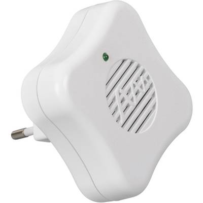 A white, star-shaped electronic device with a ventilation grille and a small LED display is plugged into a socket.