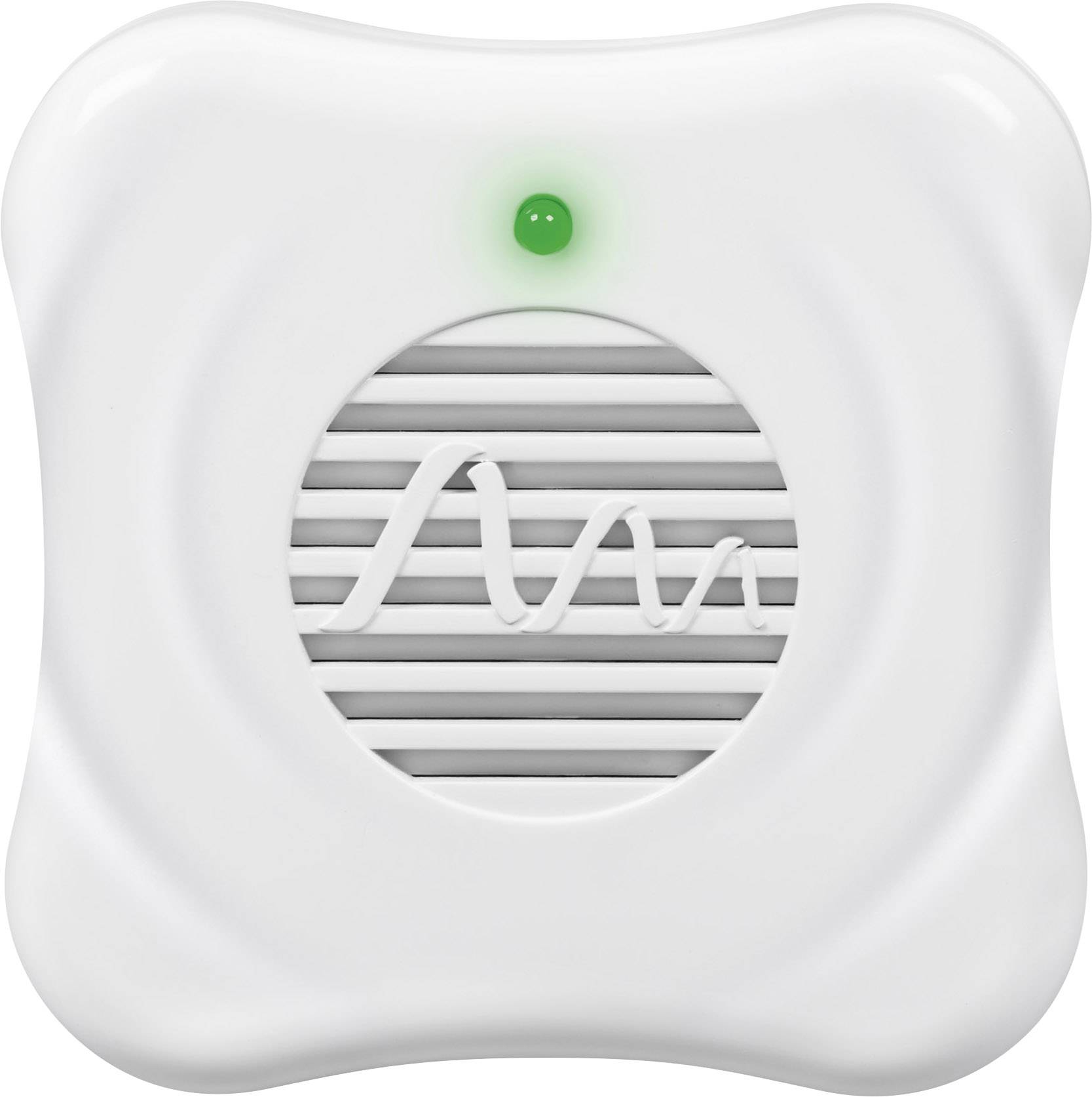 A white, square smoke detector with rounded corners and a green LED indicator on top.