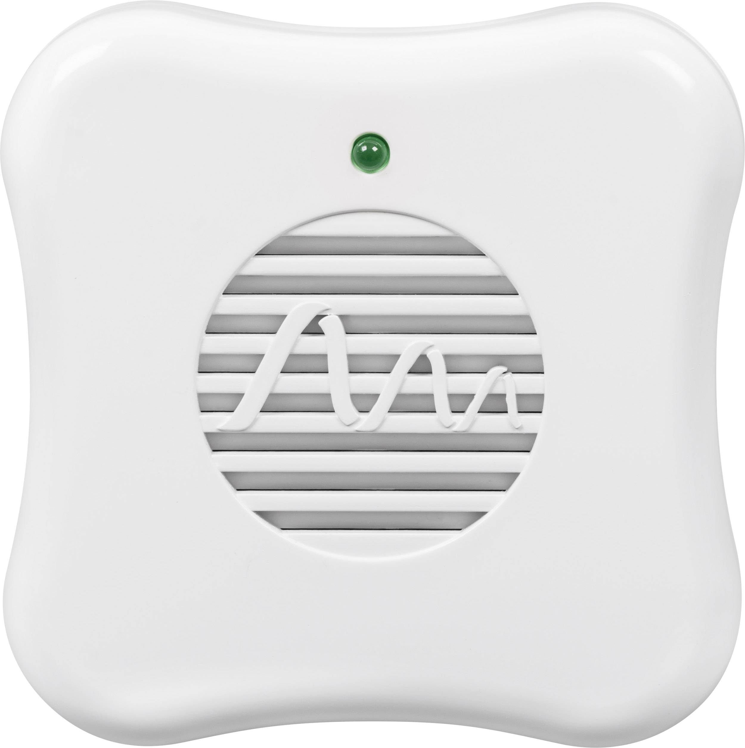 A white carbon monoxide detector with a green operational light, displaying an embossed wave line on the front.