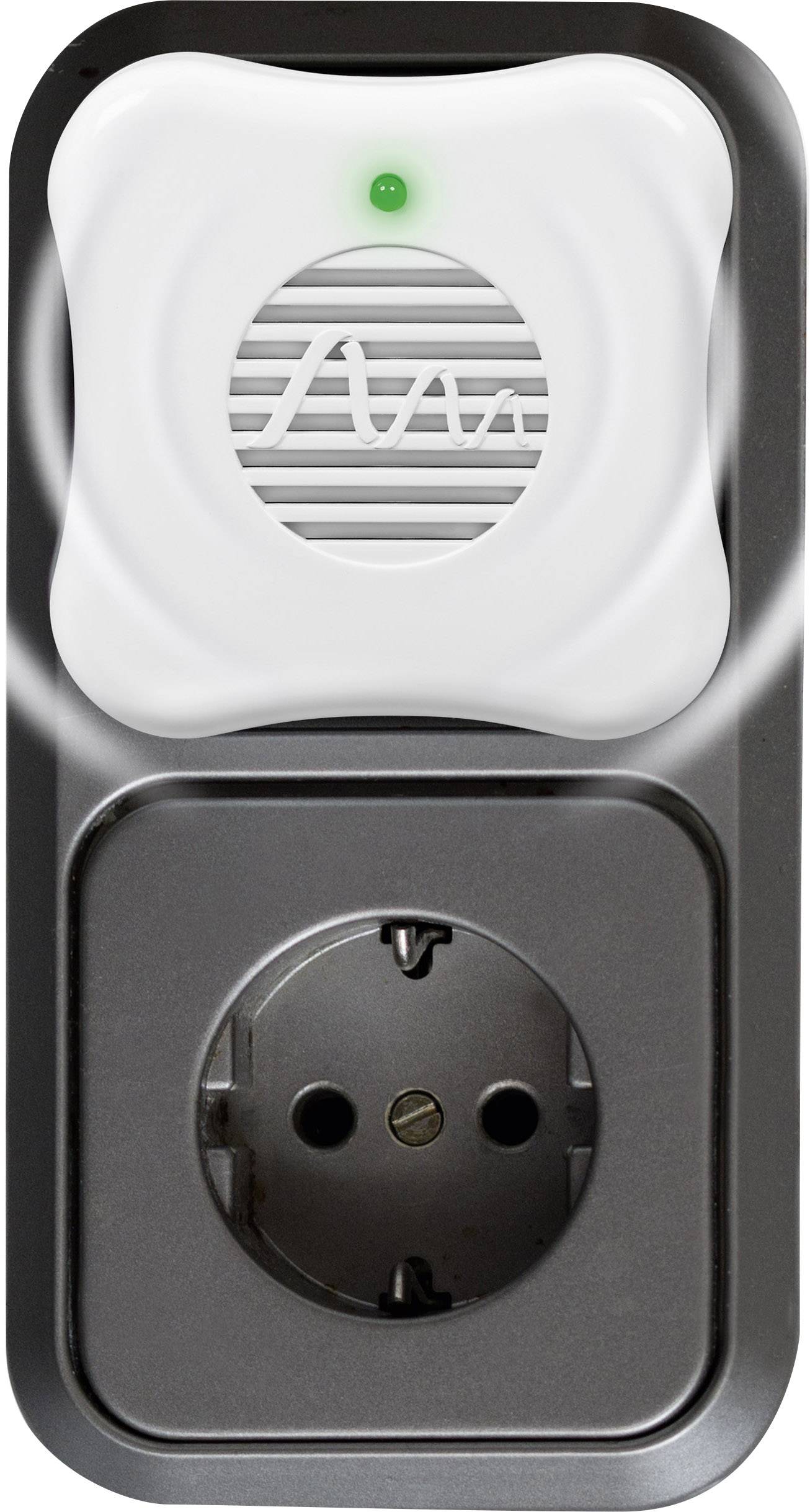 A black plug socket with an integrated energy monitoring device. A green light is visible at the top, with a logo featuring a wave-like line next to it.