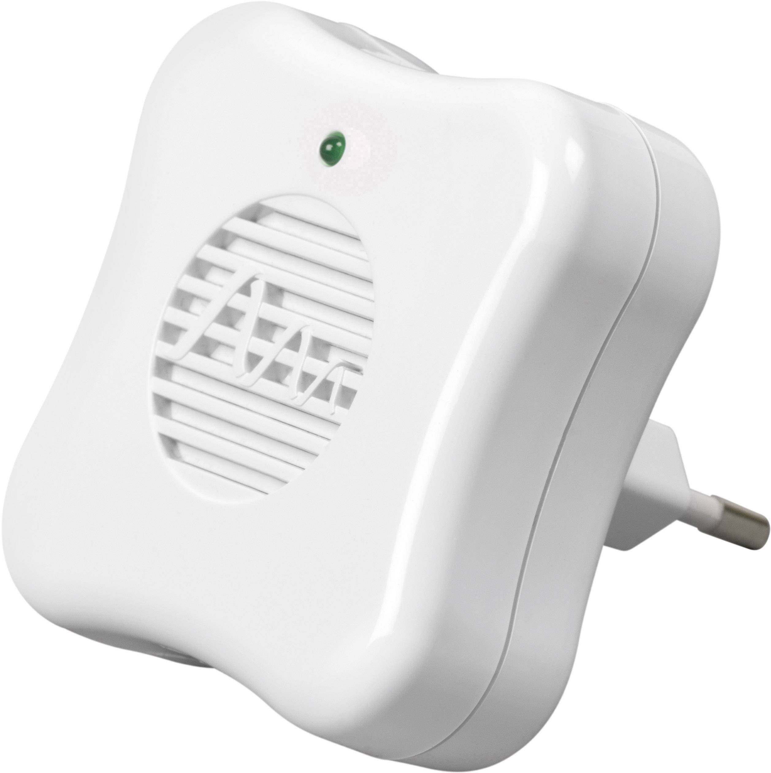 White, plug-in device with ventilation slots and green light, possibly an electric insect repellent.