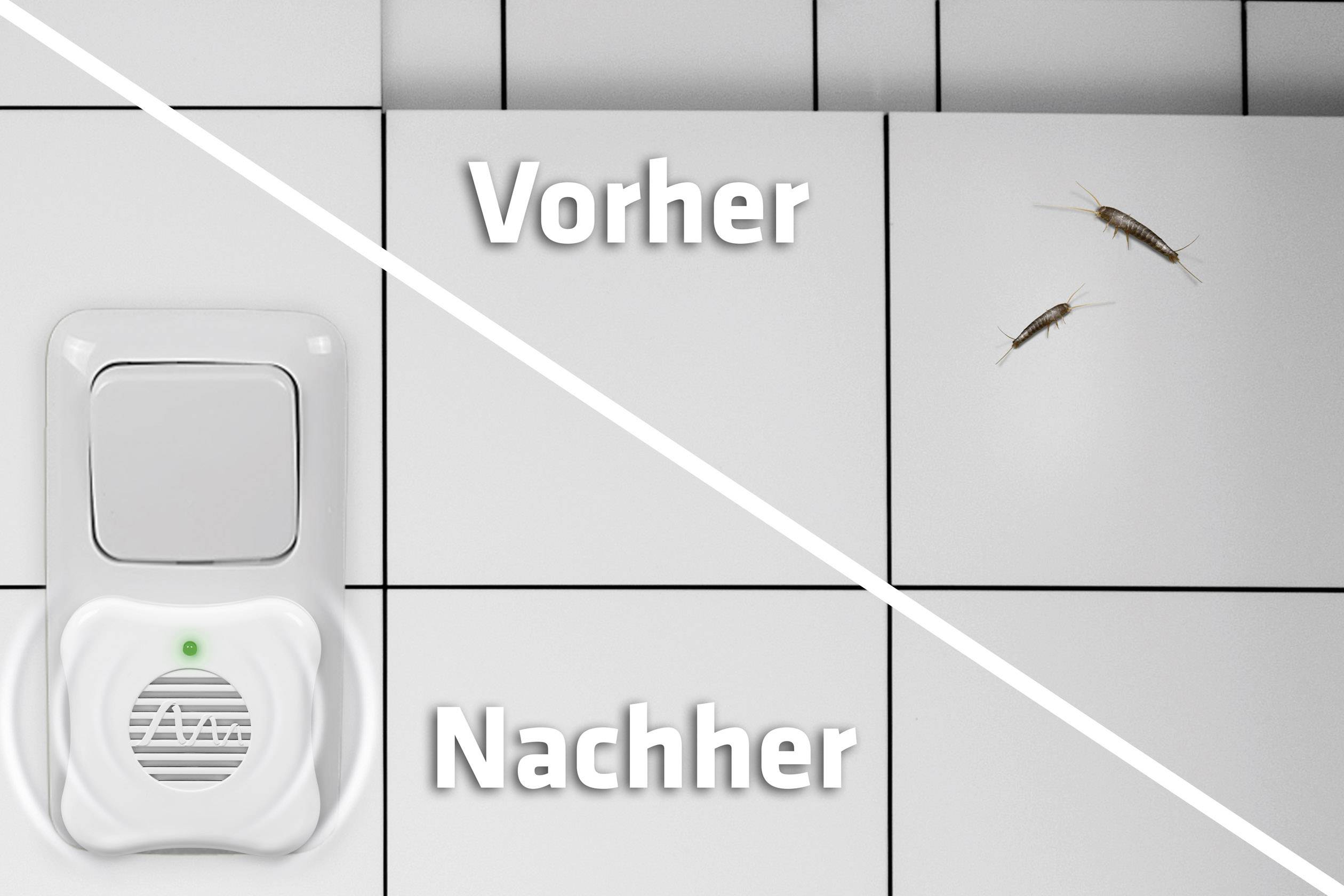 'Before' shows two cockroaches on tiles, 'After' shows an immaculate surface with an electronic pest control device plugged into a socket.