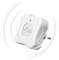A white electronic plug socket with a small green light; it is designed for signal transmission or amplification.