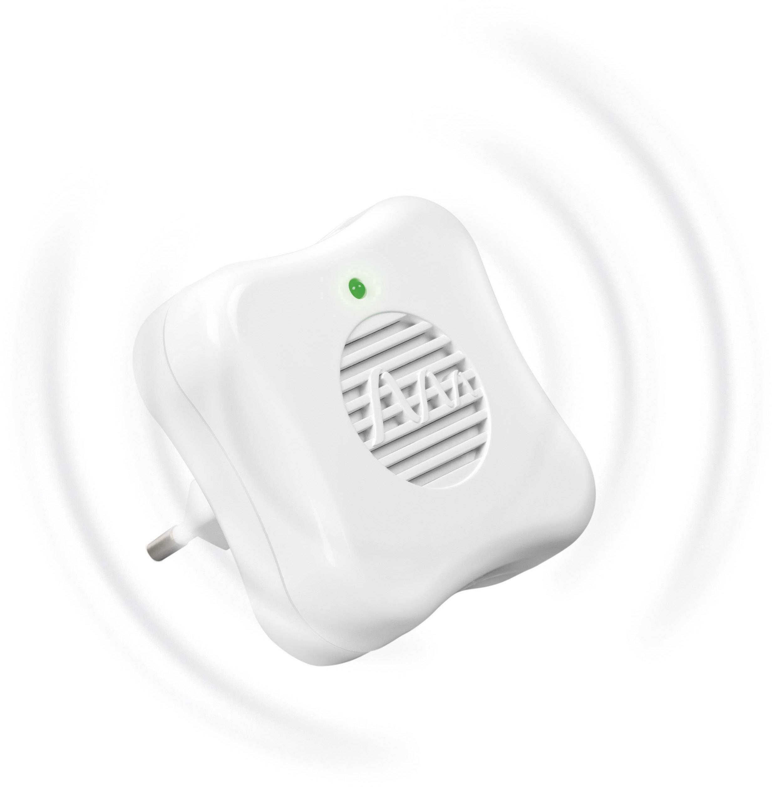 'White, square ultrasonic eco mouse and pest repeller with green light, emits sound waves to repel pests.'
