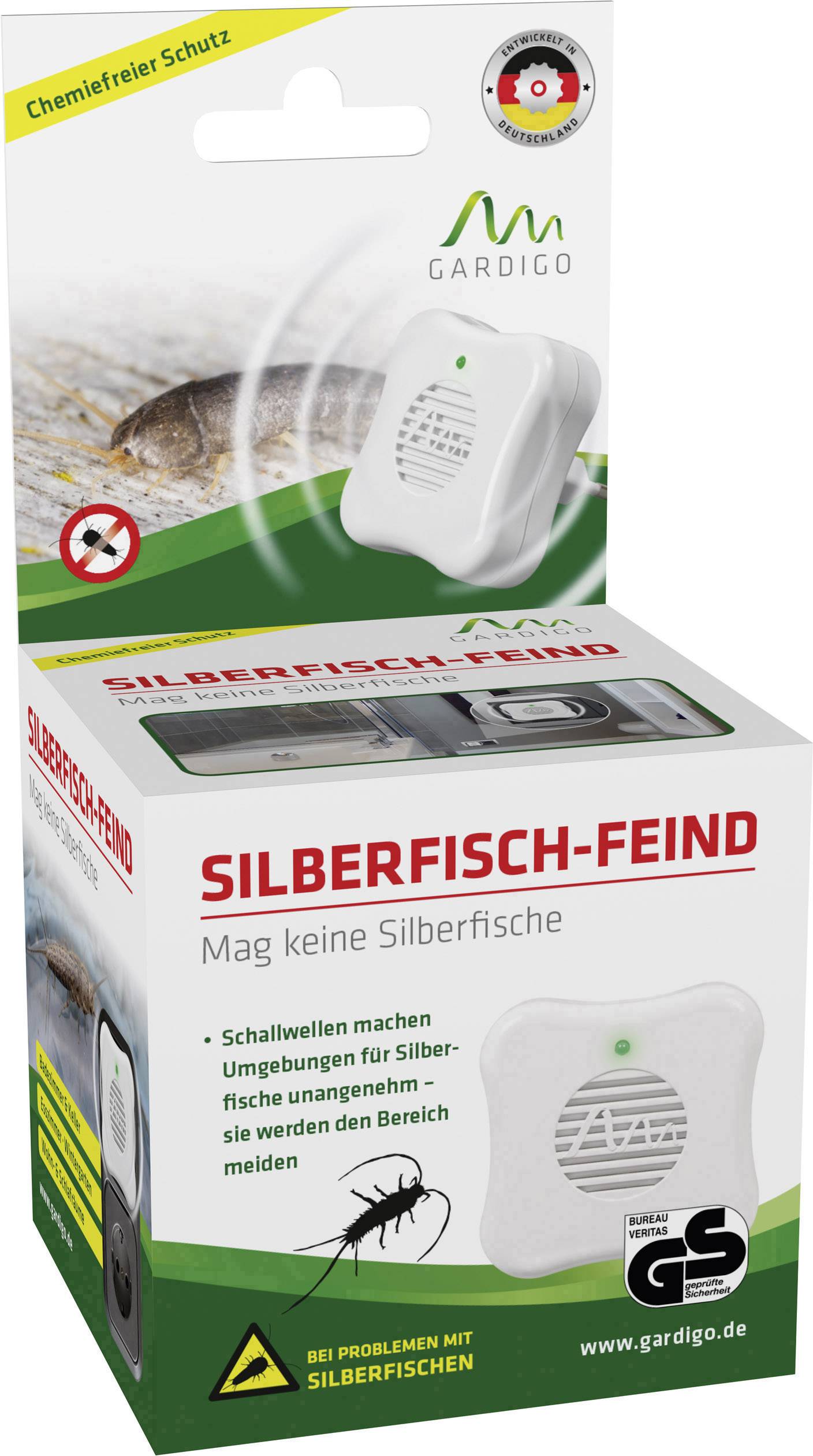 Packaging for a product against silverfish, offering chemical-free ultrasonic protection. Displays an electronic repellent device.