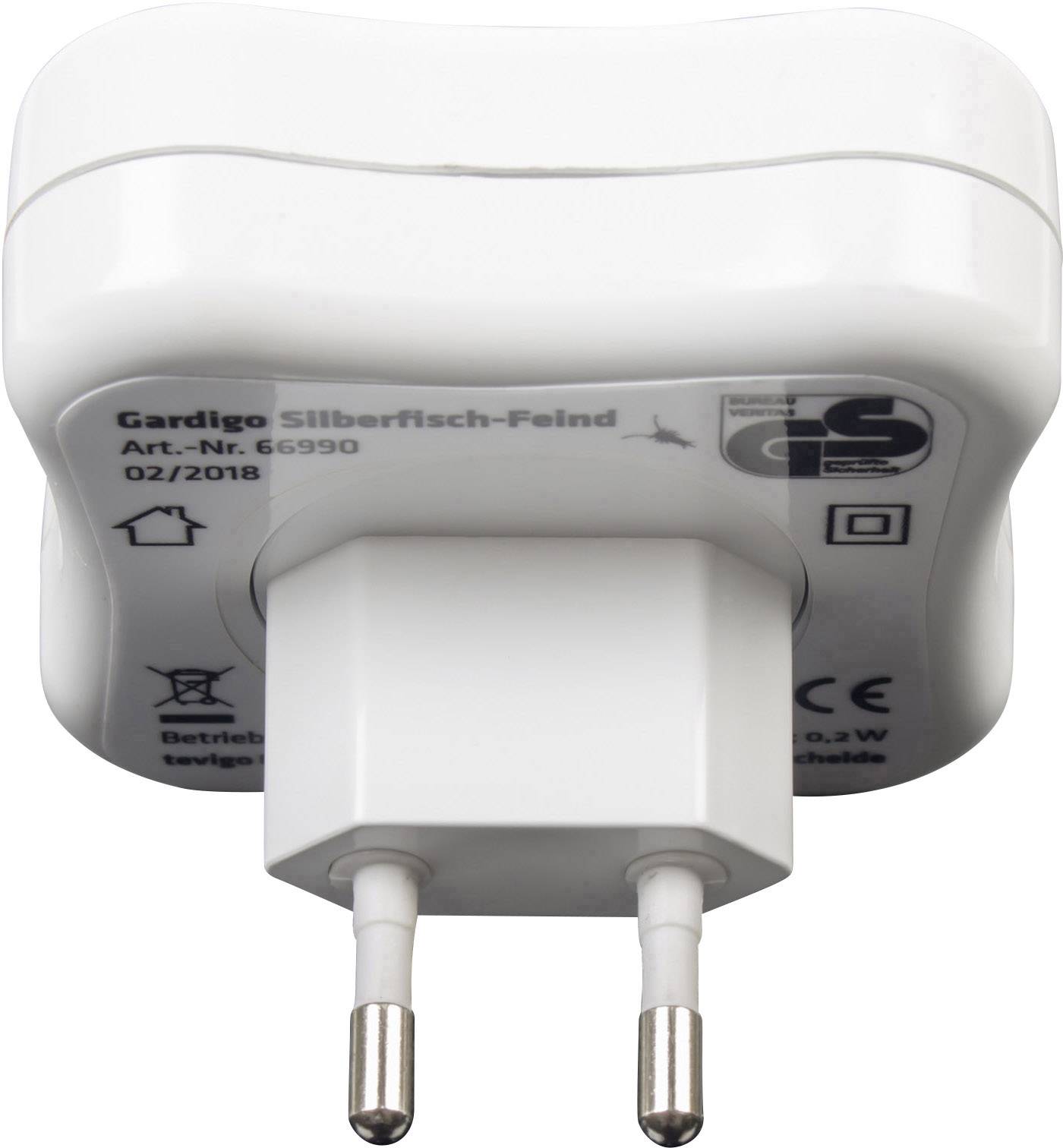 A white electronic device with two plugs. It bears the text 'Gardigo Silverfish Enemy' with a model number and production date.