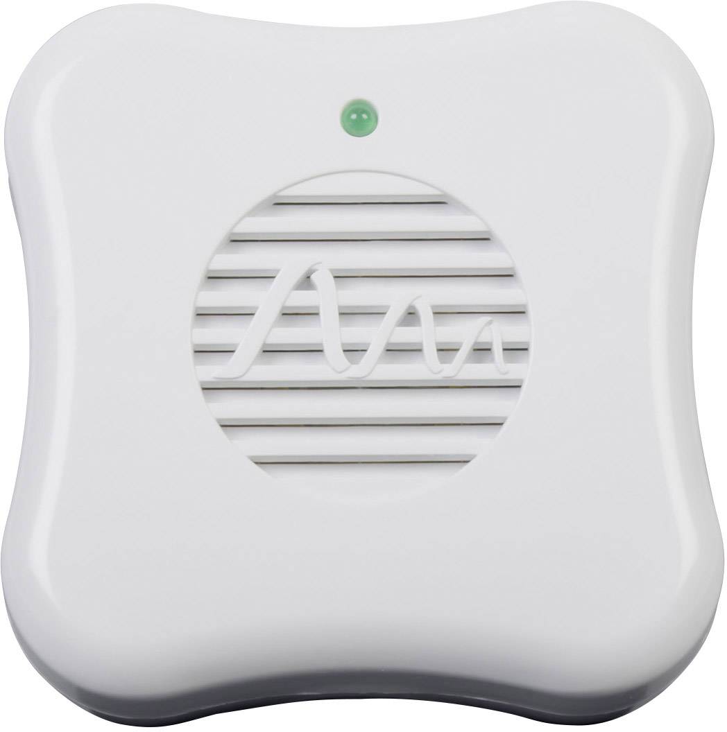 A white smoke detector with a green indicator light on top, a central ventilation grille, and a wavy pattern on the front, shown in isolation.
