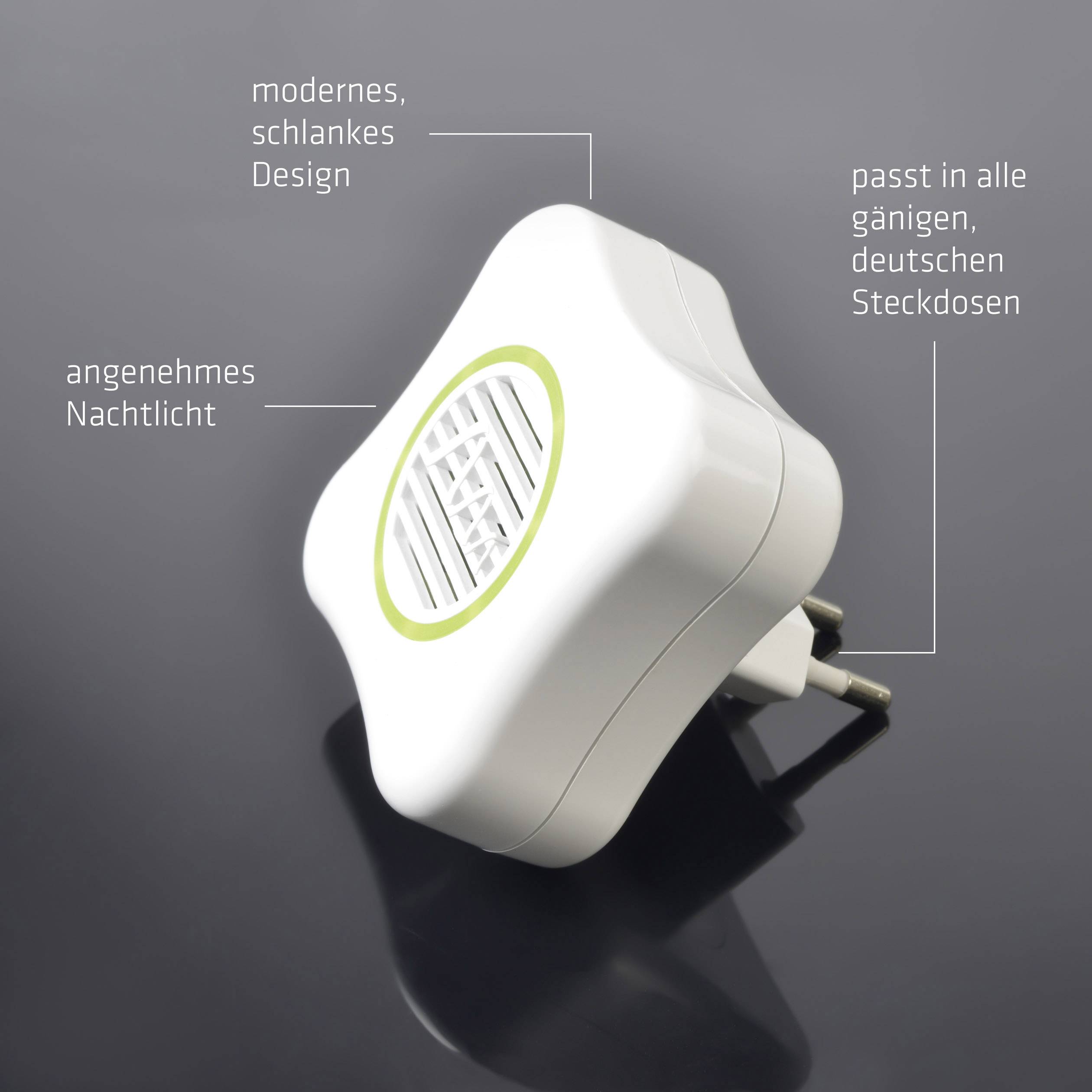 A plug-in night light with a modern, sleek design. On the right it says: 'fits all standard German plug sockets', on the left: 'pleasant night light'.