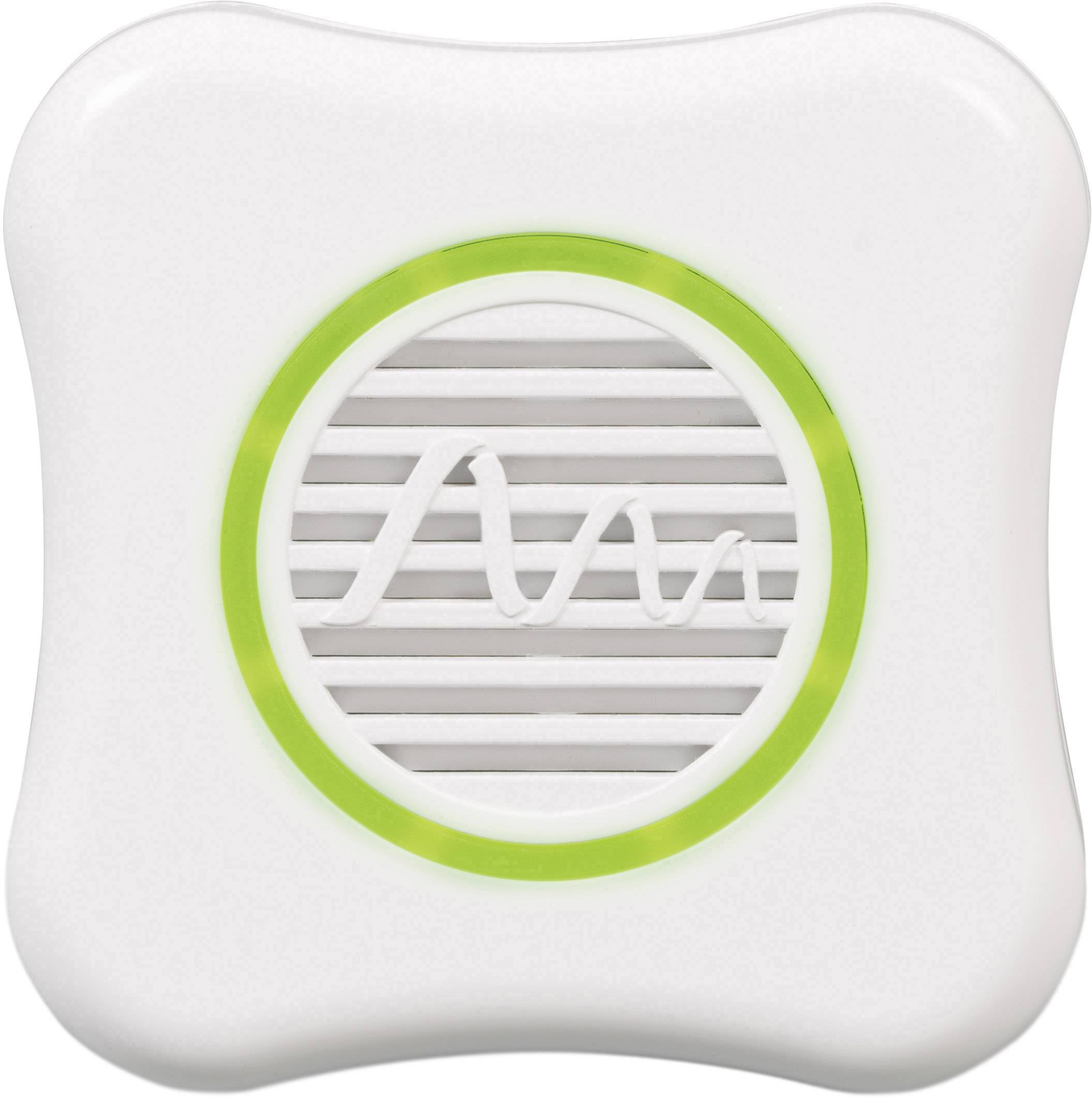 A square, white device with rounded corners, a green ring and a speaker grille in the centre.