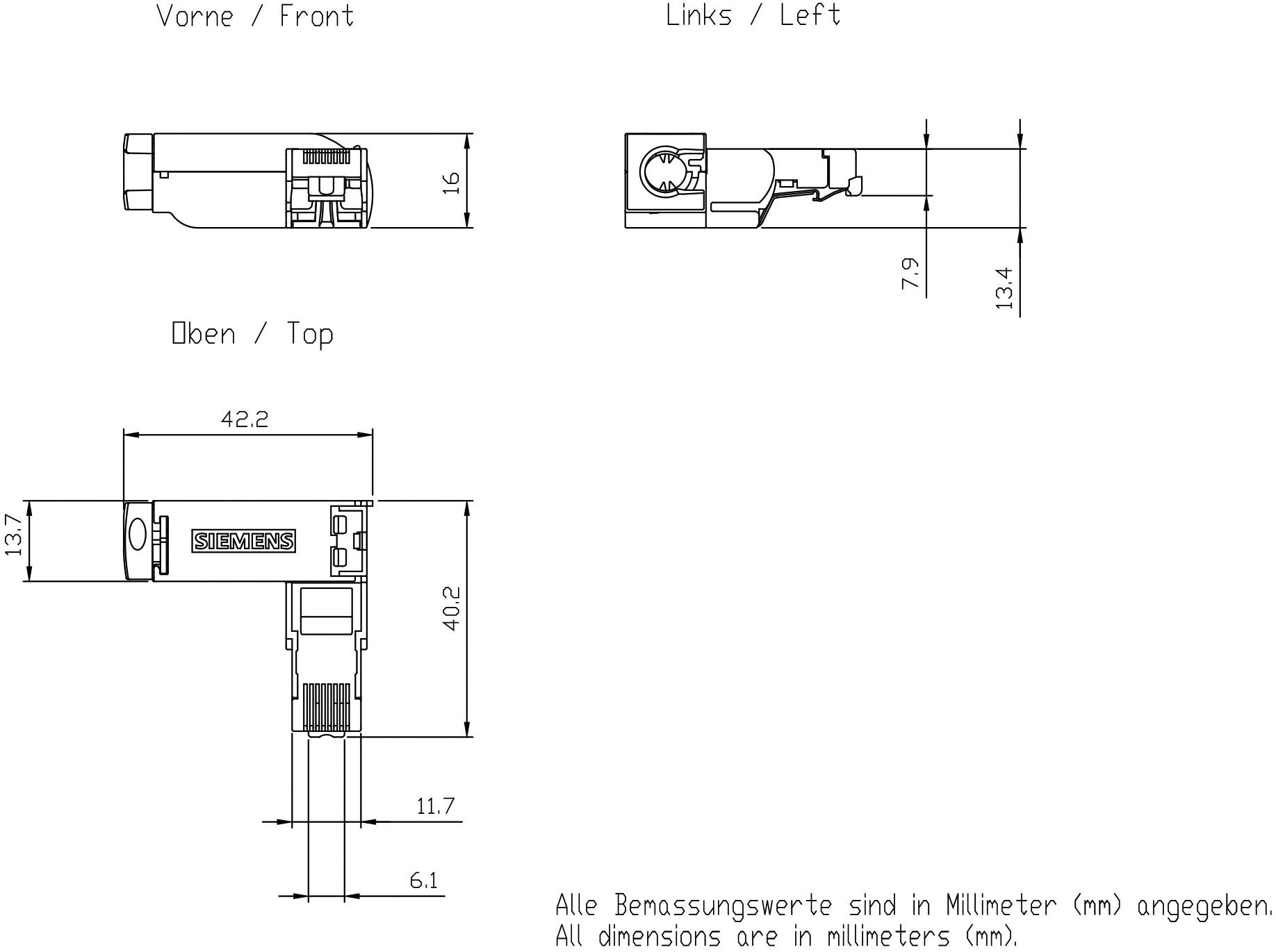 Technical drawing of an electrical plug, shown from front, left and top views, with dimensions in millimetres.