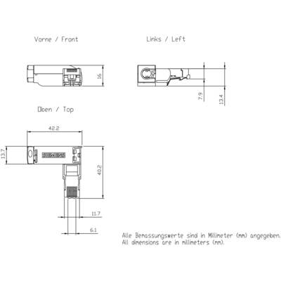 Technical drawing of an electrical plug, shown from front, left and top views, with dimensions in millimetres.