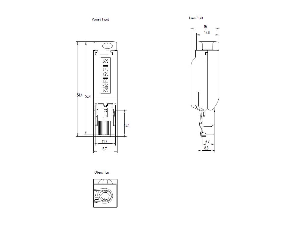 Technical drawing of a Siemens connector. Shows front, left and top views with detailed dimensions in millimeters.