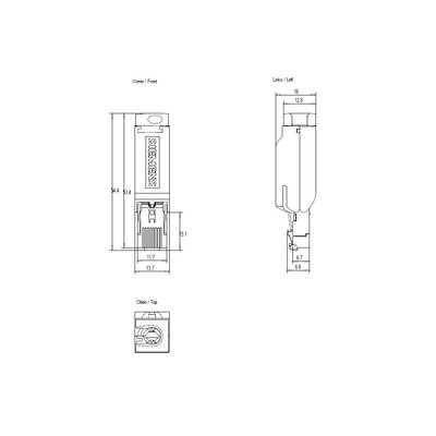 Technical drawing of a Siemens connector. Shows front, left and top views with detailed dimensions in millimeters.