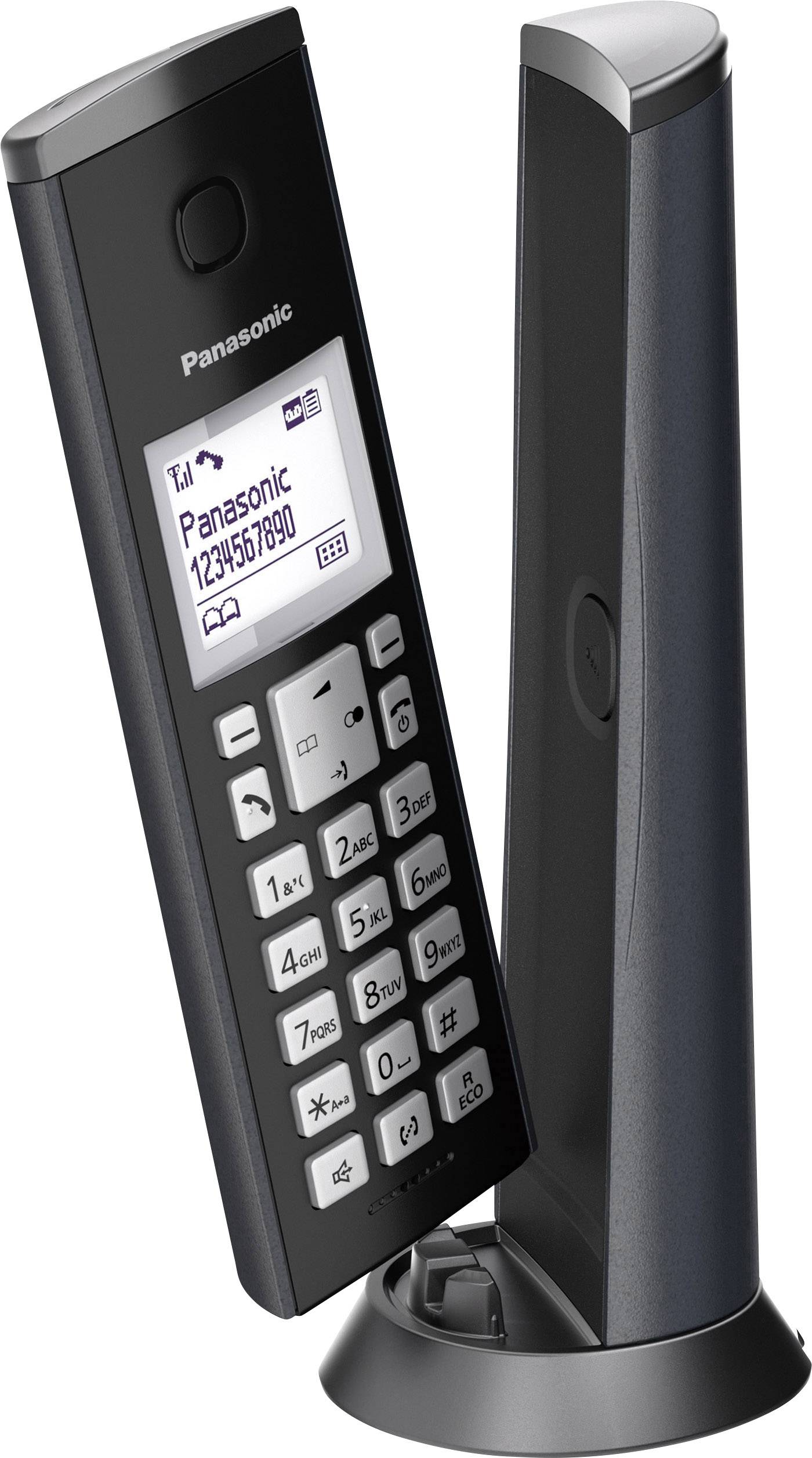 Cordless Panasonic telephone on charging station, illuminated display showing 'Panasonic 1234567890', numbered keys beneath.