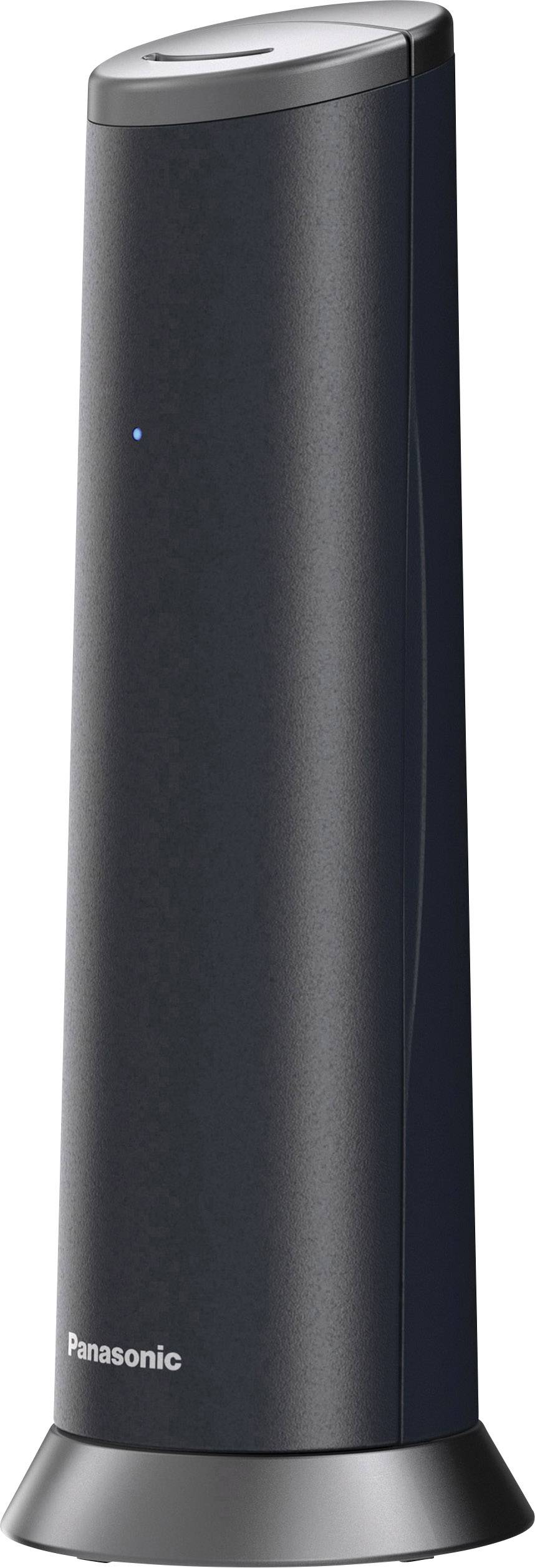 A sleek, black, cylindrical air purifier with a small blue light at the front and a 'Panasonic' label at the bottom.